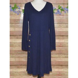 Womens XL Casual Long Sleeve Ribbed Midi Swing Dress V Neck Stretch Buttons